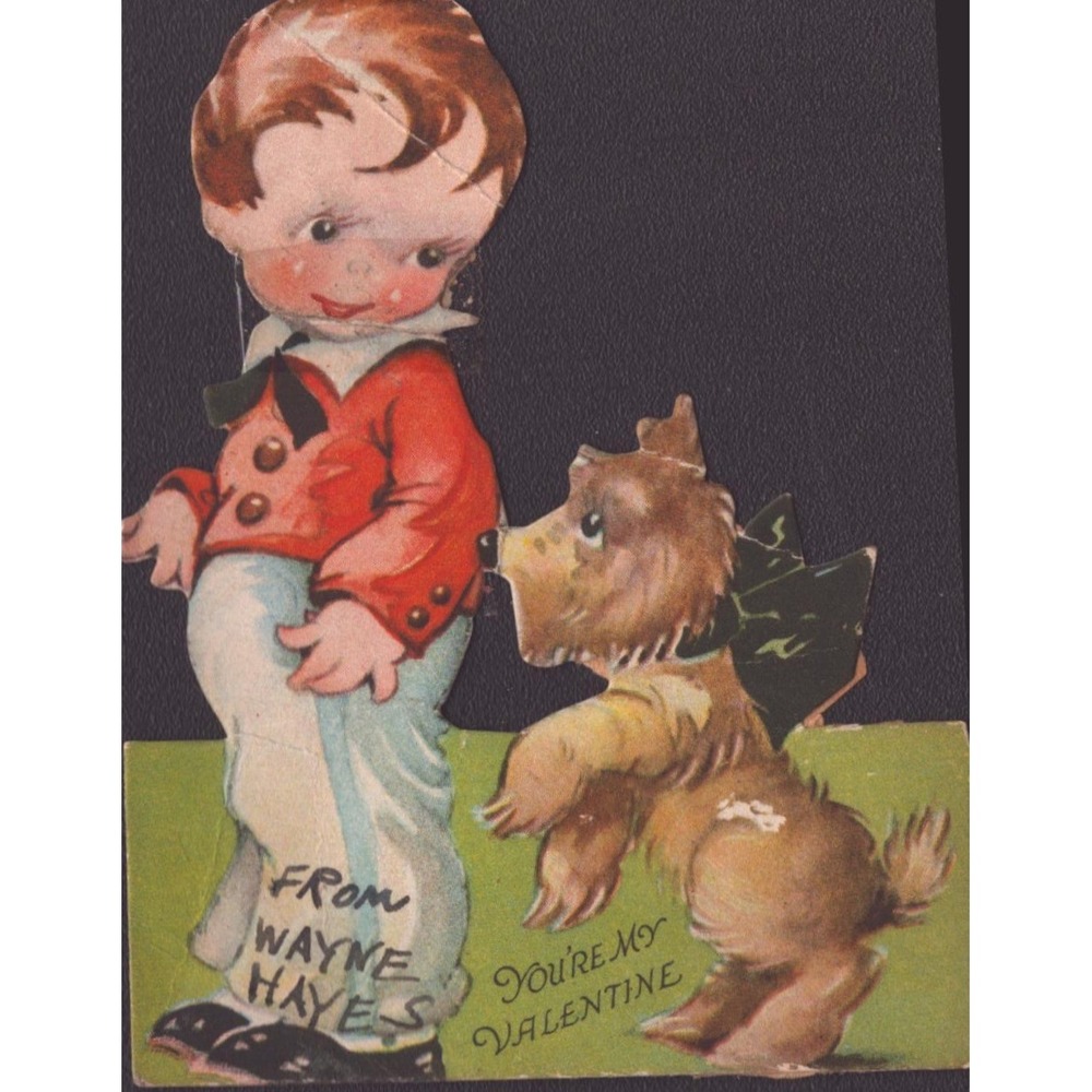 Vintage 1936 Die Cut Valentine Card Boy and Dog You're My Valentine Ephemera - Picture 1 of 2